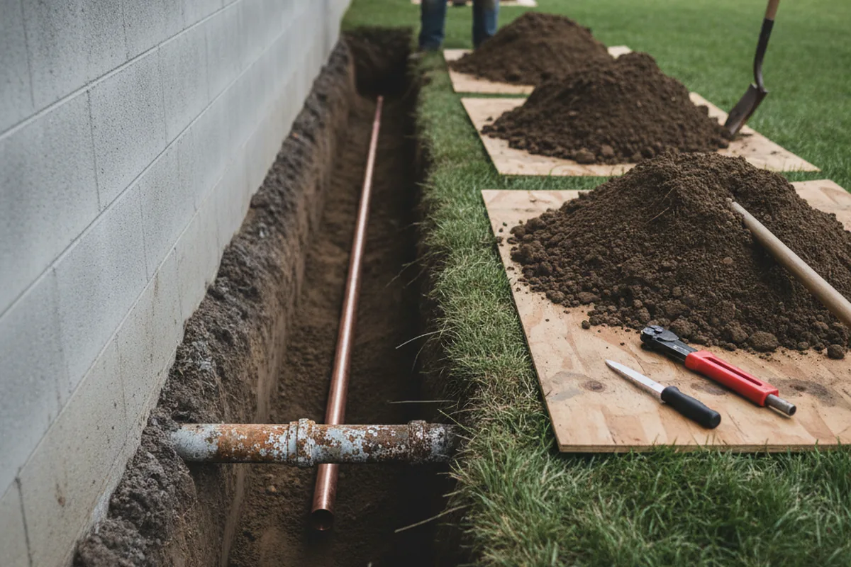 Excavated water line trench during Water Heater Repair in Hermanville